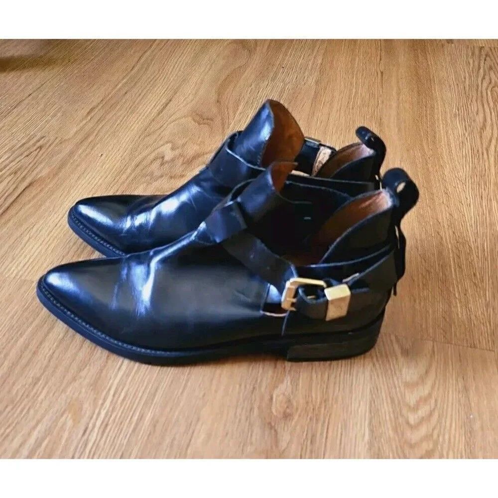 Miista Leather Strap Bootie with Buckle EU 38 US 7.5 Western Gold Hardware